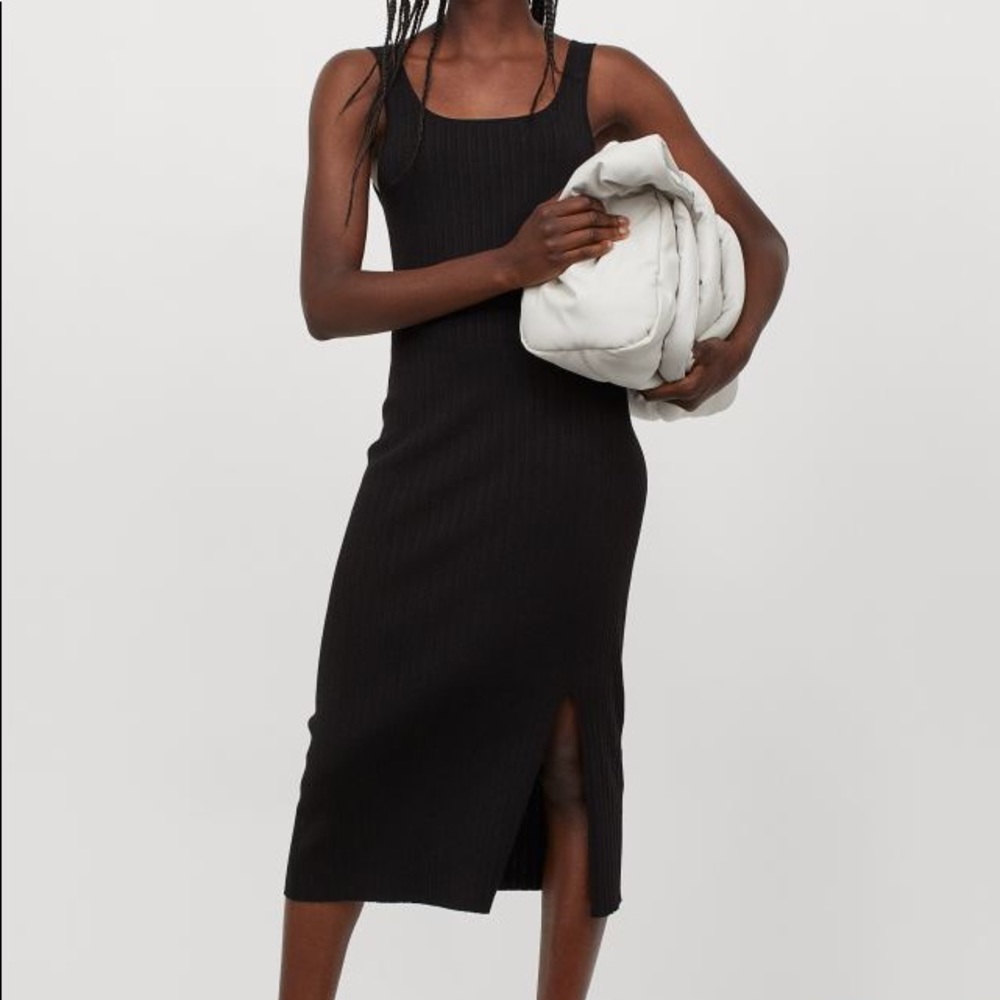 Slit-Front Ribbed Black Dress